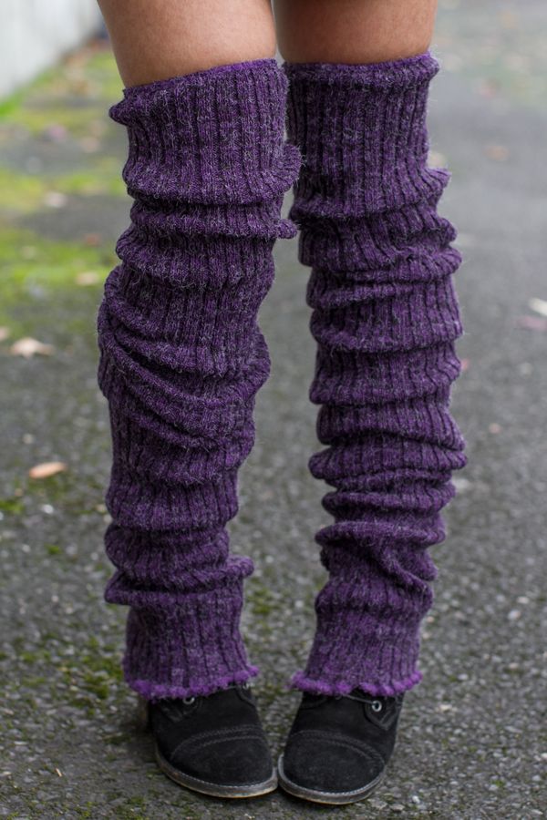 Women's Purple Leg Warmers, Crochet Knit Knee High Ribbed Winter