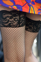 Fishnet Stockings with Stay-Up Lace Top - Black