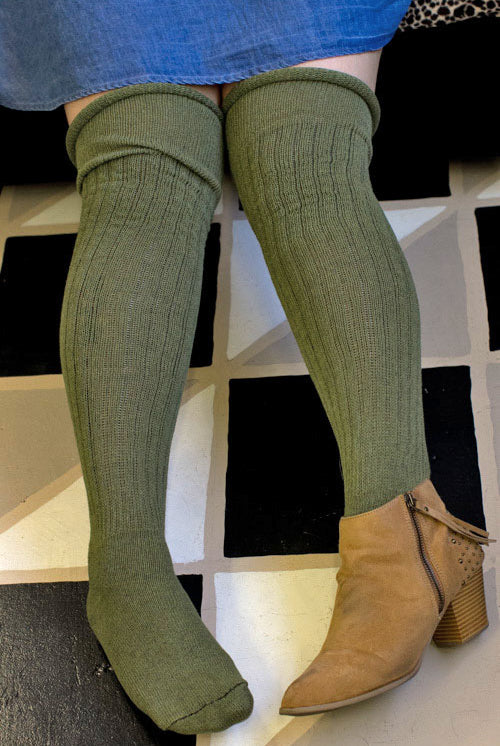 M45 Ribbed Thigh High with Roll Top - Olive