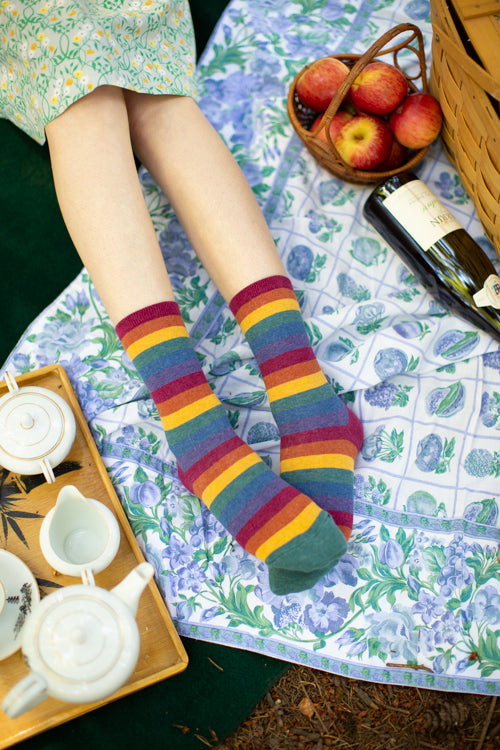 Women's Rainbow Stripe Athletic Cotton Blend Crew Sock