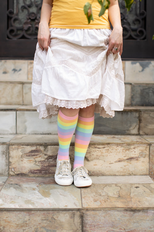 Pastel Rainbow Striped Women's Knee High Socks