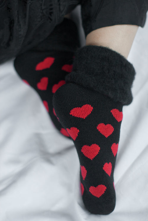 New Zealand Bed Socks with Hearts - Black with Red Hearts
