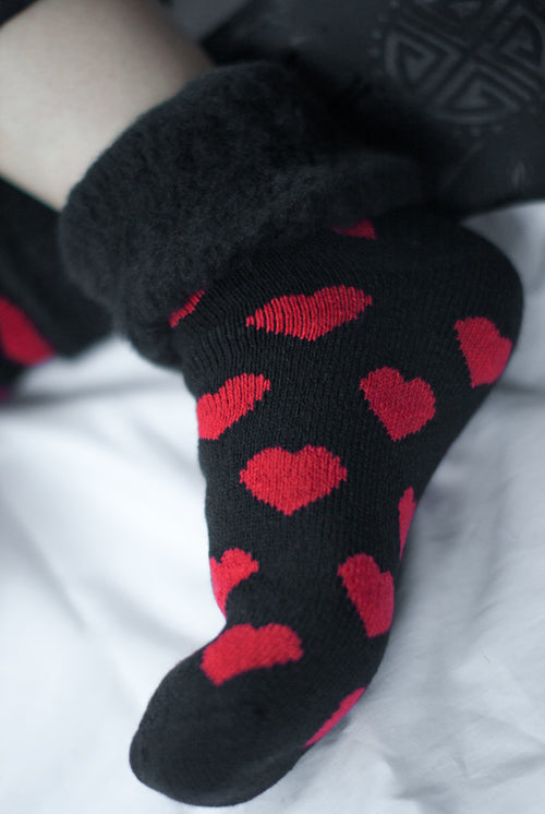 New Zealand Bed Socks with Hearts - Black with Red Hearts