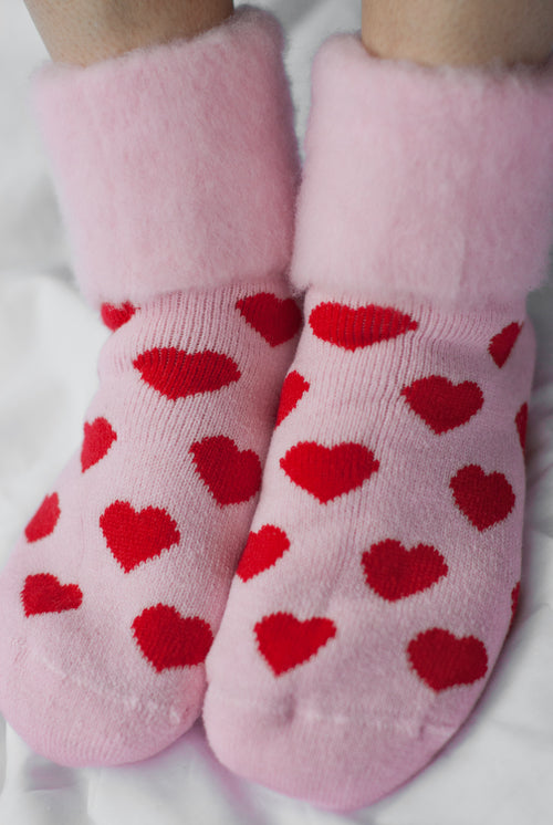 New Zealand Bed Socks with Hearts - Pink with Red Hearts