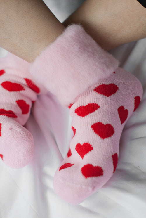 New Zealand Bed Socks with Hearts - Pink with Red Hearts