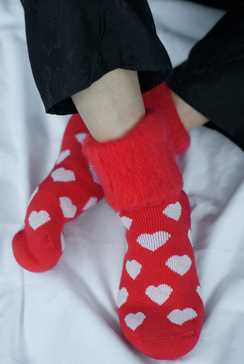 New Zealand Bed Socks with Hearts - Red with White Hearts