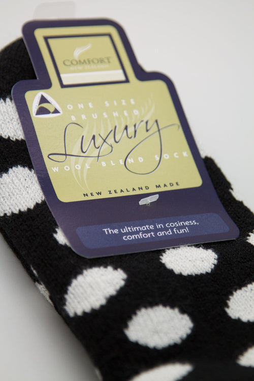 New Zealand Bed Socks with Polka Dots - Black with Winter White Dots