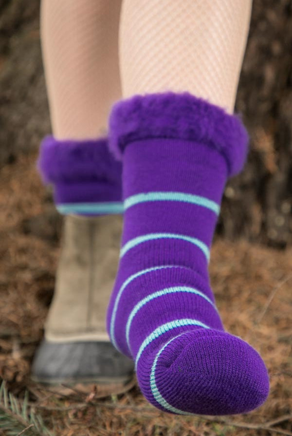 New Zealand Bed Socks with Stripes - Purple with Aqua