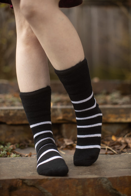 New Zealand Bed Socks with Stripes - Black with Winter White