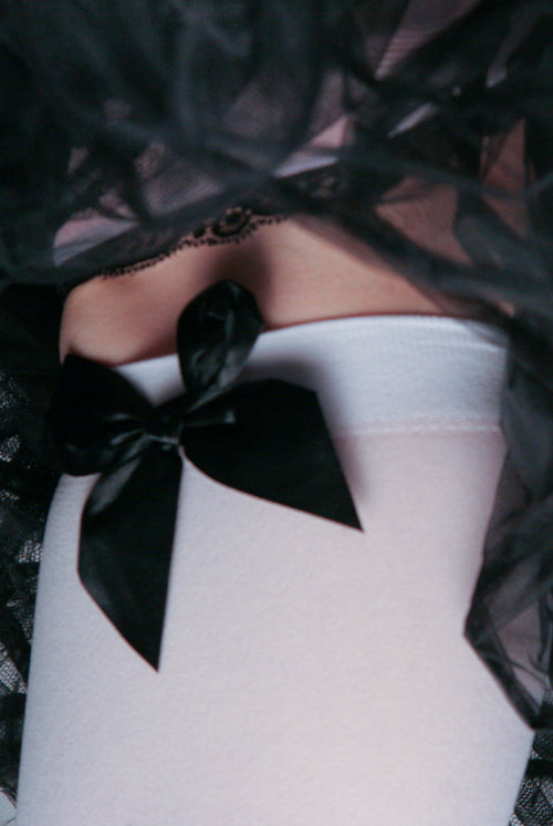 Opaque Thigh High Stockings with Bow - White with Black