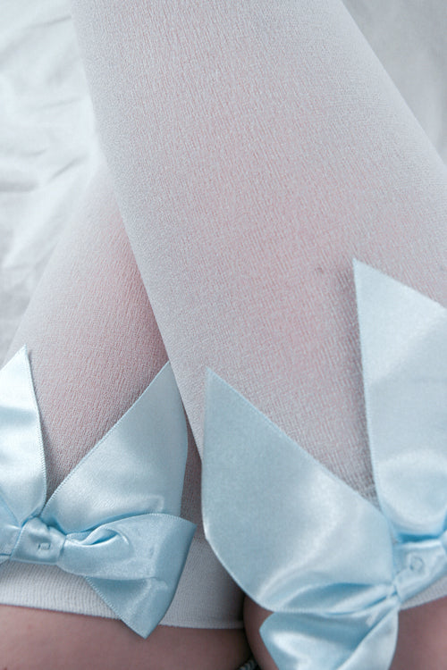 Opaque Thigh High Stockings with Bow - White with Blue