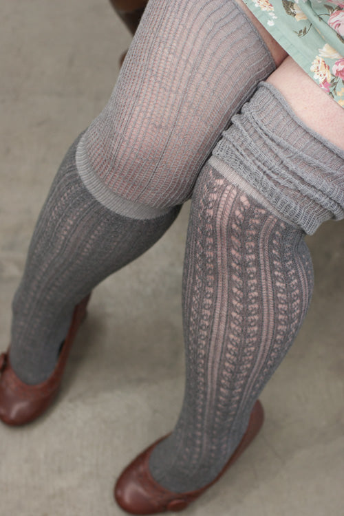 Pointelle Scrunch Top Knee Socks - Grey