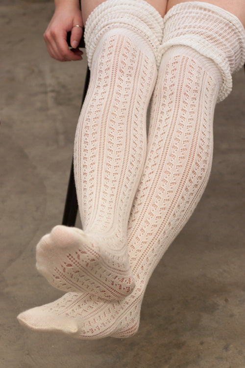 Pointelle Scrunch Top Knee Socks - Ivory