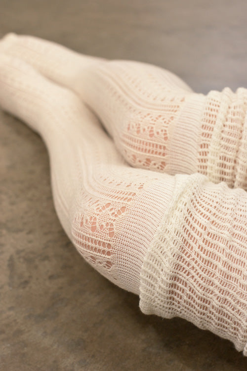 Pointelle Scrunch Top Knee Socks - Ivory