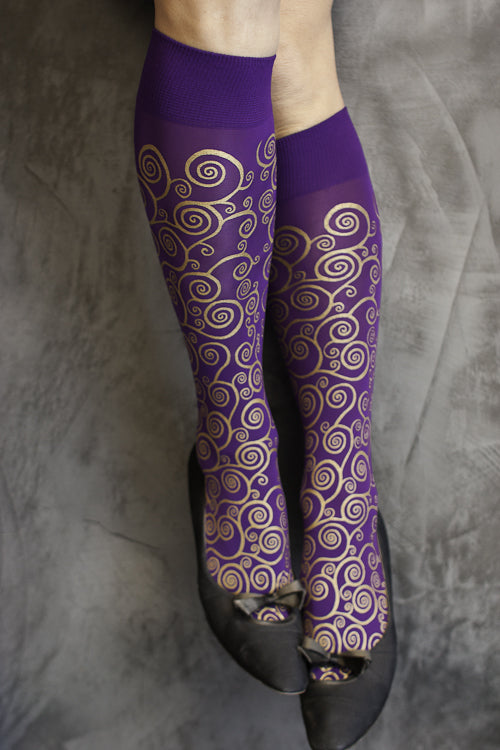Polonova Klimt Spiral Trouser Socks - Purple with Gold
