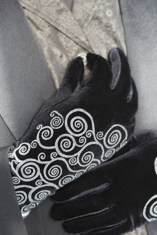 Polonova Klimt Spiral Velvet Gloves - Black with Silver