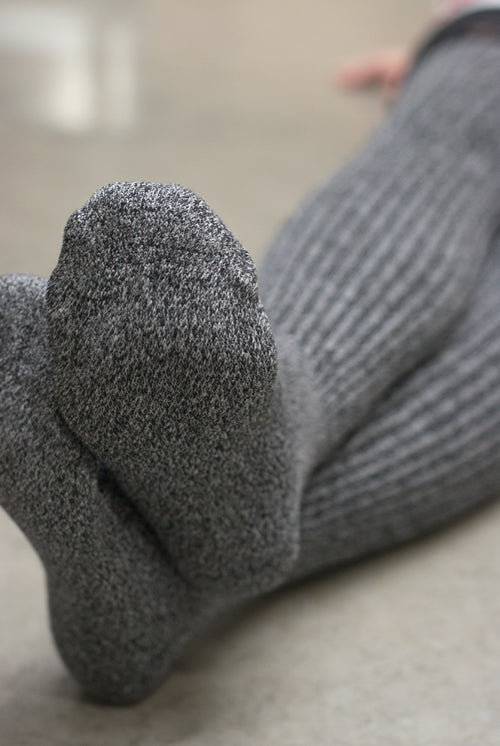 Ribbed Knit Marled Slouch OTK Socks with Wide Lace Top