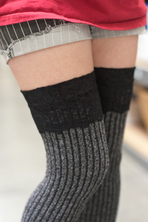 Ribbed Knit Marled Slouch OTK Socks with Wide Lace Top