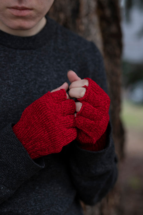 Chenille Fingerless Gloves - Red