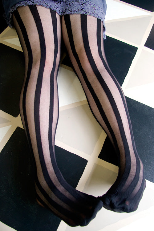 Spandex Vertical Striped Stockings - Black - One Size