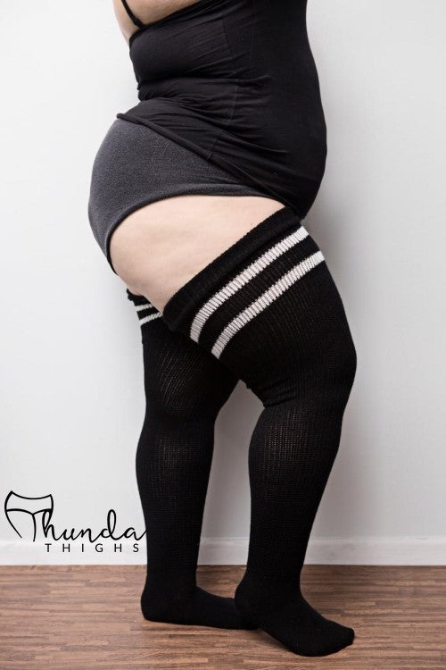 Thunda Thighs Top Stripe Thigh Highs - Black with White