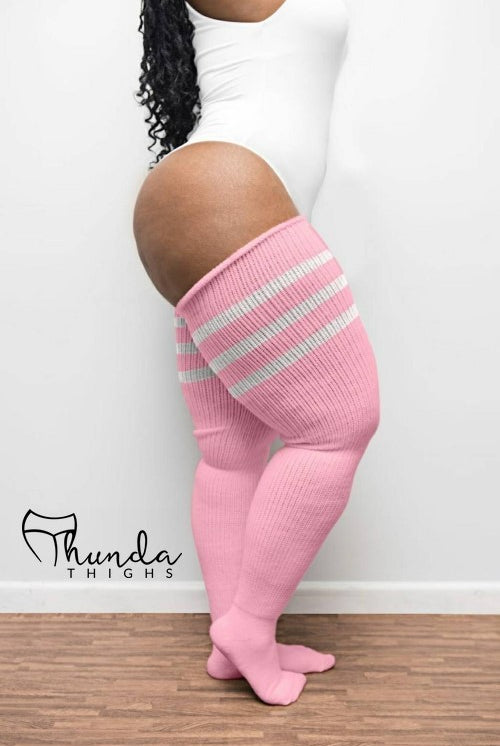 Thunda Thighs Top Stripe Thigh Highs - Pink with White