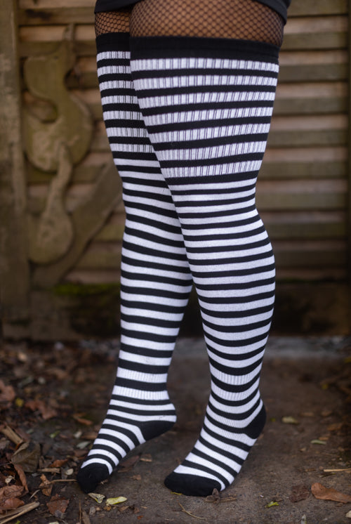 Thunda Thighs Striped Thigh Highs - Black/White