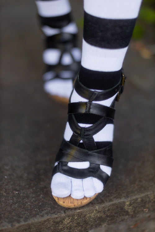 Striped Over the Knee Toe Socks - Black/White