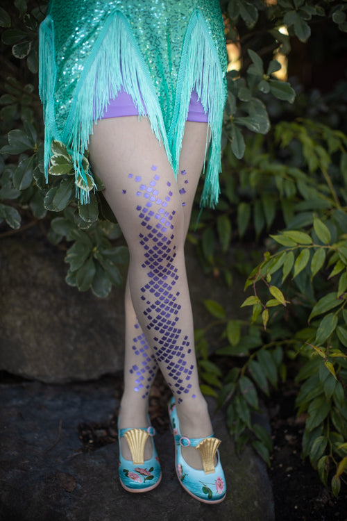 Sheer Mermaid Print Tights - Purple - Medium/Large