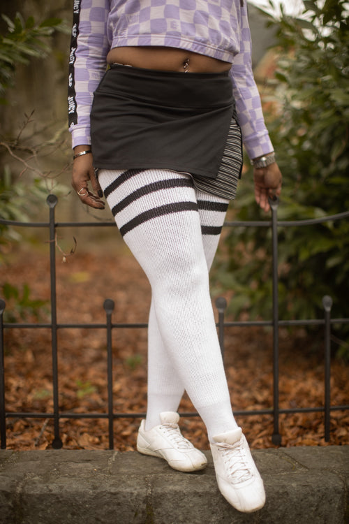 Thunda Thighs Top Stripe Thigh Highs - White with Black