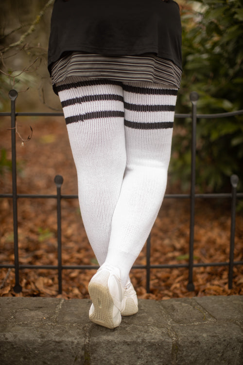 Thunda Thighs Top Stripe Thigh Highs - White with Black