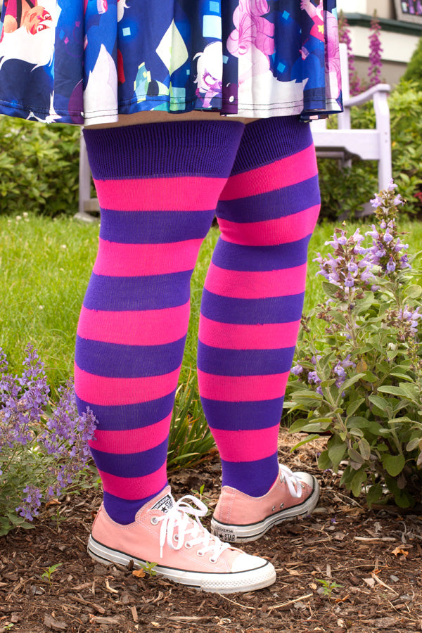 Extraordinary Bright Stripes Thigh High - Purple & Neon Pink